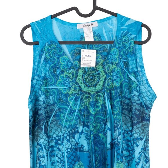 Only 9 Sleeveless Shirt XL Womens NEW VTG Blue Green Handkerchief Hem Tank Top - Picture 2 of 5